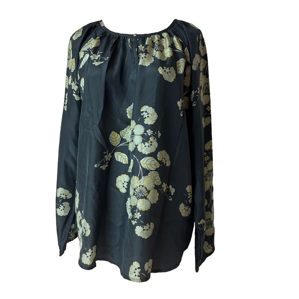 Sundance Womens L Dark Green Floral 100% Silk Long Sleeve Top Keyhole Neck